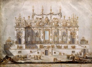 グランドハウスの断面、フェスタデッラチネアのデザイン、G。パラッツィ（c.1740-76）、1764年（ペンとインク、紙の上で洗う） 作： Paolo Posi